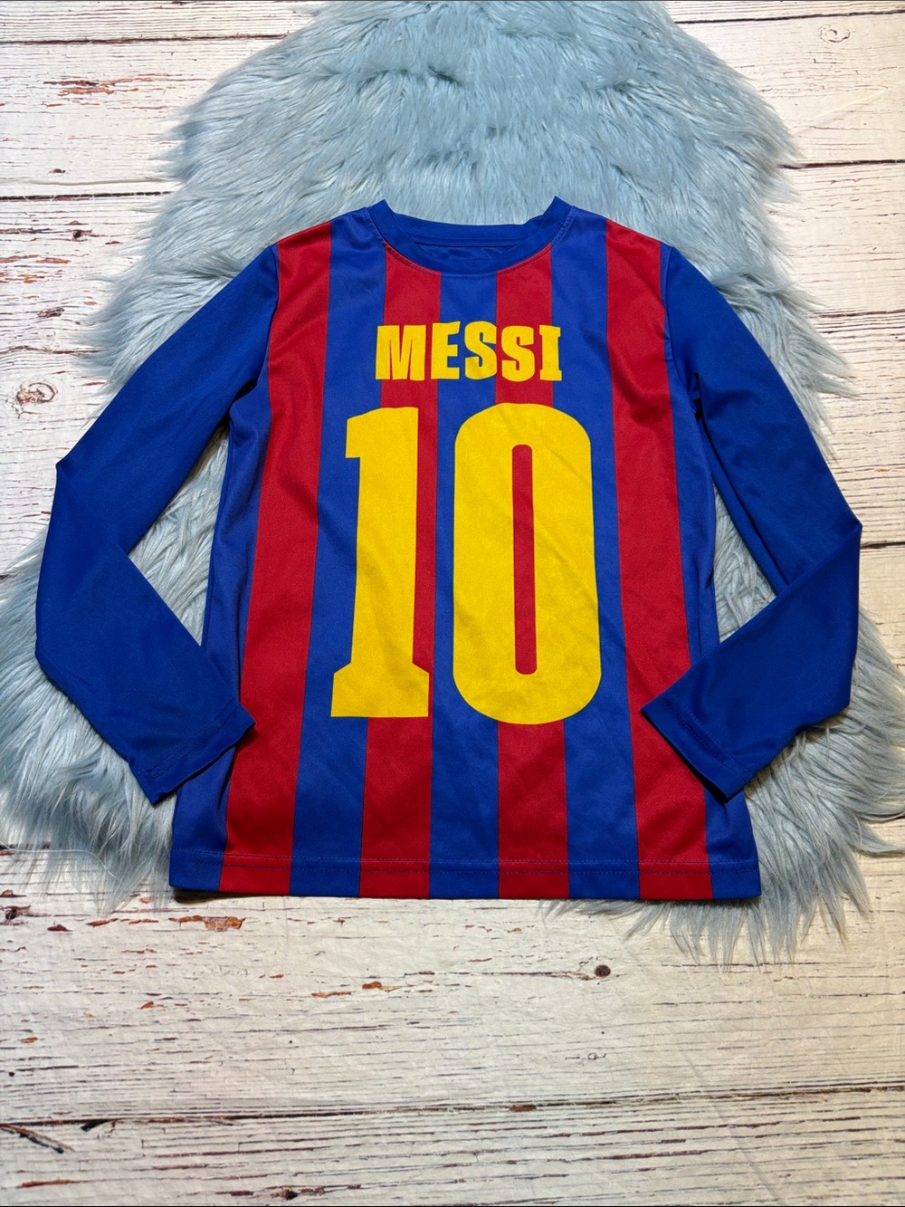 FC Barcelona Messi #10 Football Soccer Long Sleeve Jersey Tee Kids Sz M